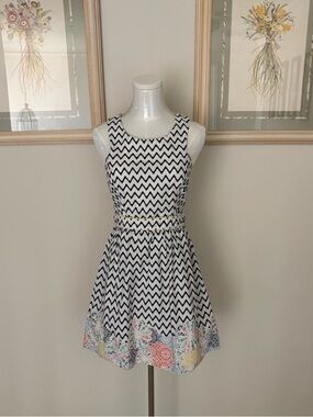 White and Navy Chevron Dress with Floral Hem